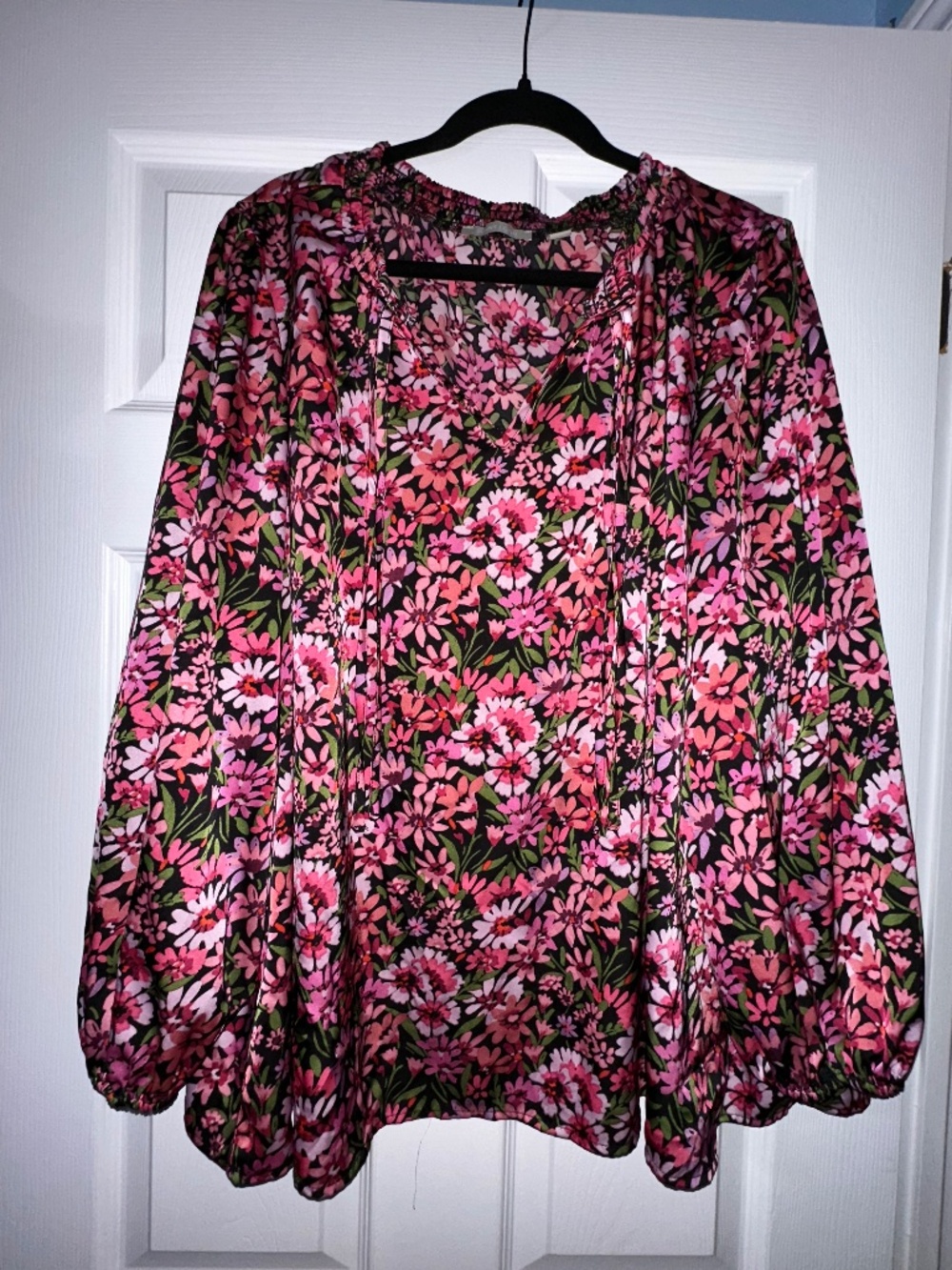 Sunny Leigh Pink Floral Boho Peasant Blouse Size 3X | Long Sleeve Tie Neck Top